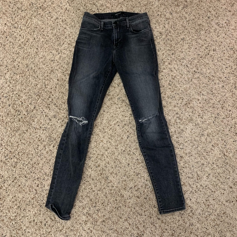Washed Black Distressed Knee Skinny Jeans by J Brand